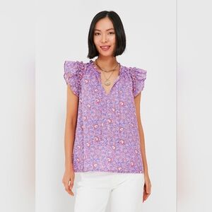 Vineyard Vines Purple Floral Blouse with Ruffle Sleeves